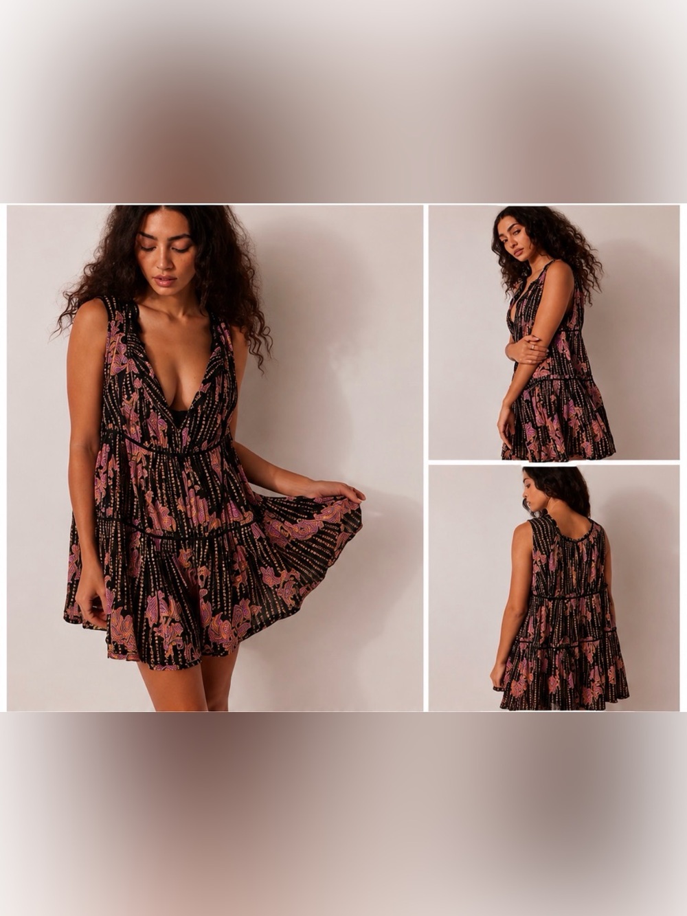 584 Free People Intimately Black Paisley Floral Tiered Sundown Romper Boho Small
